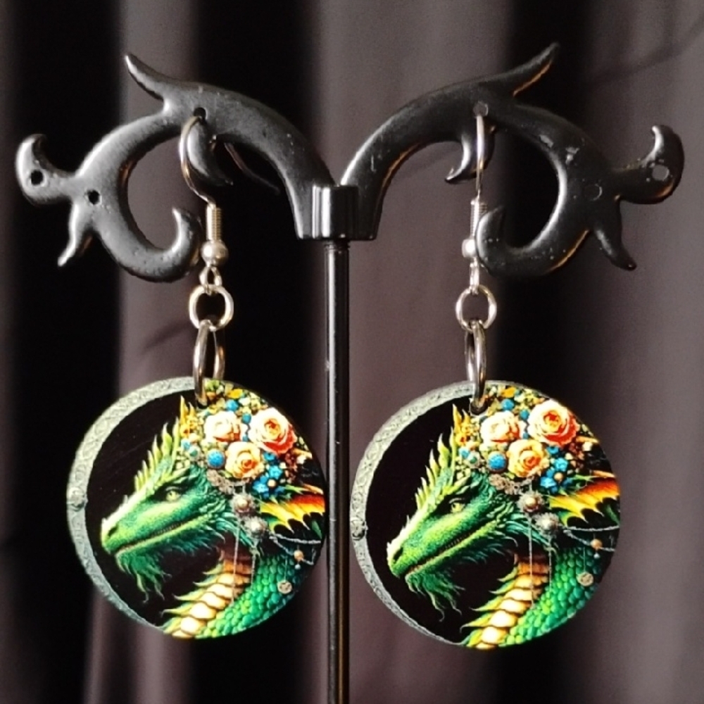Green Dragon Earrings with Floral Crown